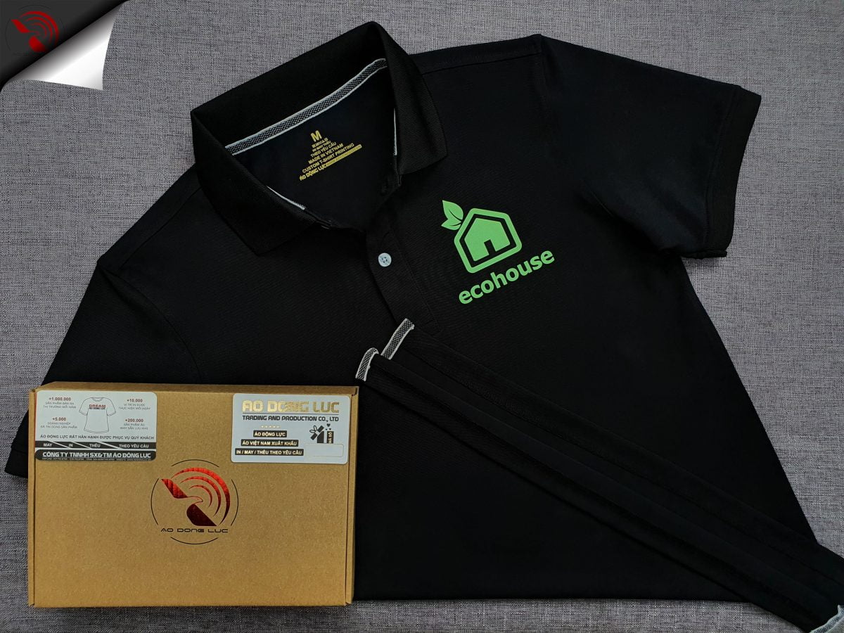 Đồng phục áo thun polo bo trơn màu đen in dạ quang logo