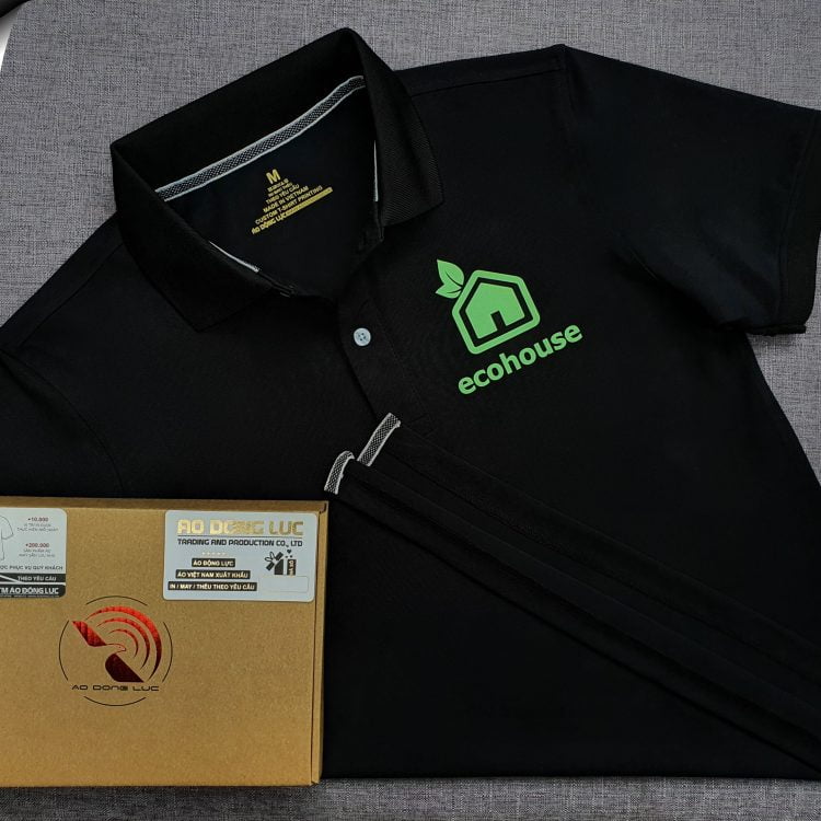 Đồng phục áo thun polo bo trơn màu đen in dạ quang logo