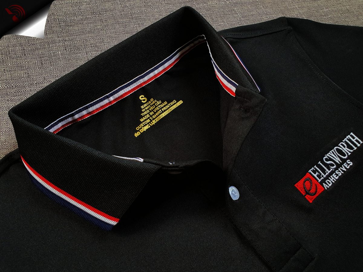 Đồng phục áo thun polo bo sọc màu đen thêu logo