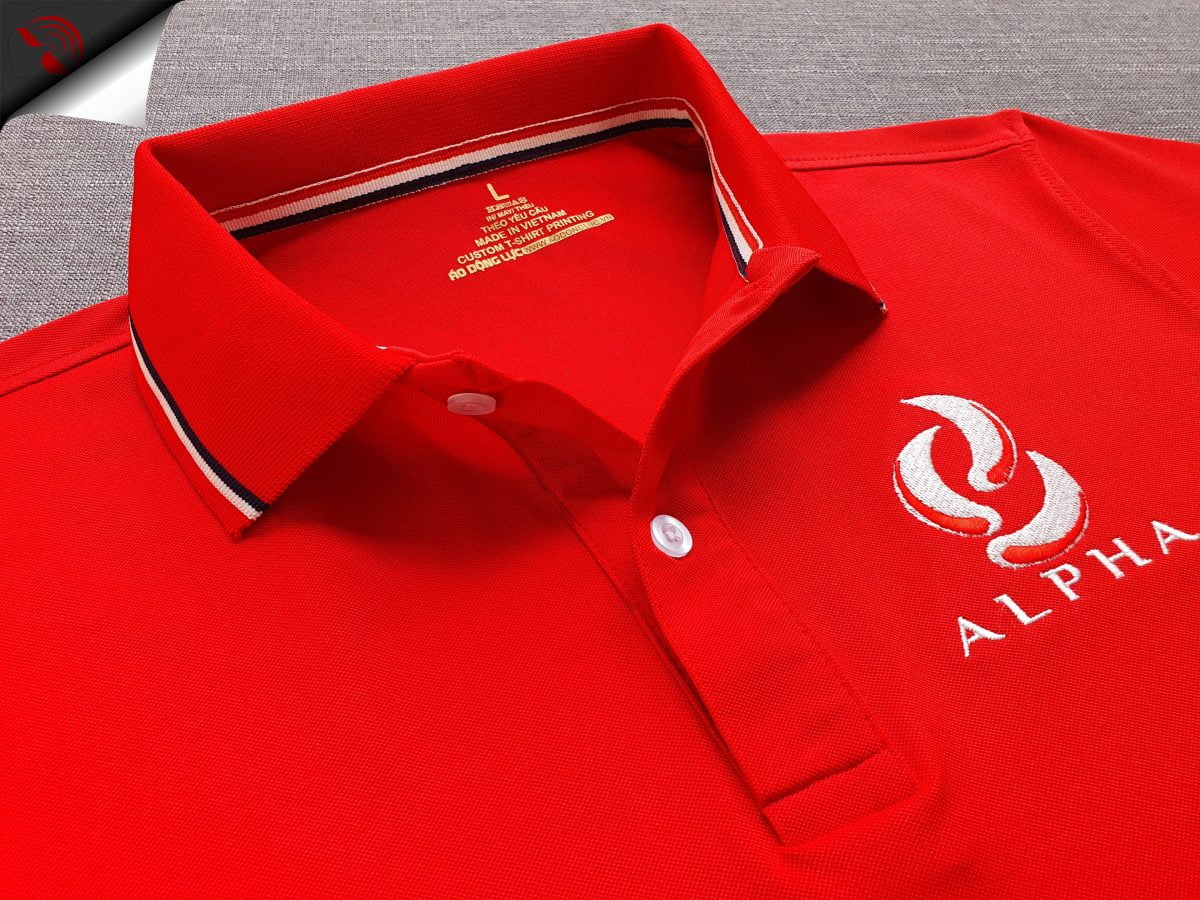 Đồng phục áo thun polo bo sọc màu đỏ tươi thêu logo