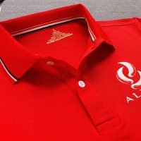 Đồng phục áo thun polo bo sọc màu đỏ tươi thêu logo