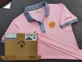 Đồng phục áo thun polo hồng phấn phối xám tiêu in decal logo