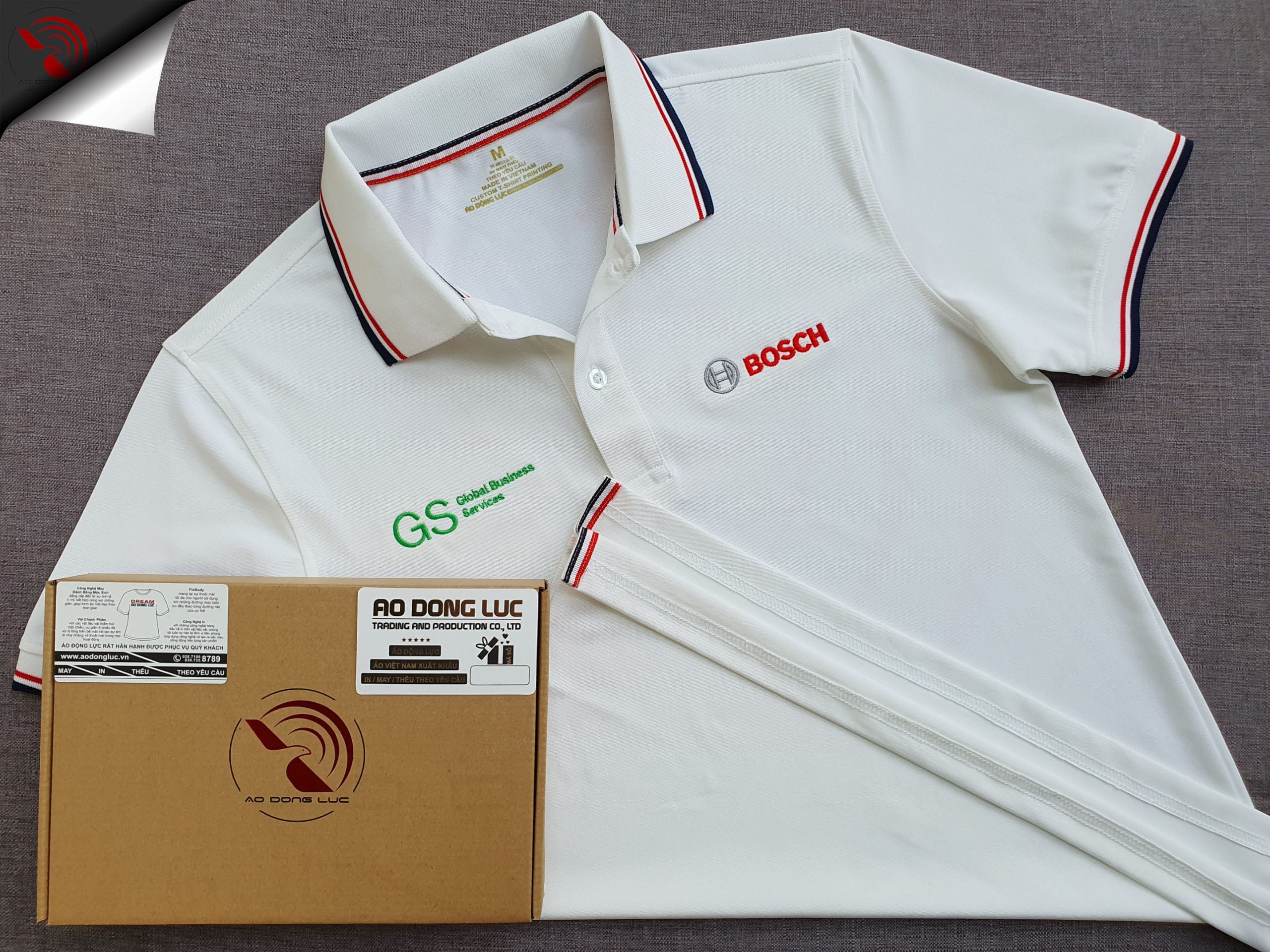 www.aodongluc.vn; đồng phục áo thun; Bosch GS Đồng phục áo thun polo phối bo sọc màu trắng thêu logo