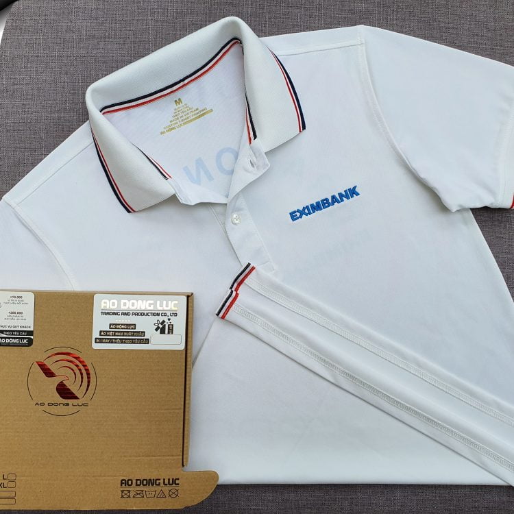 Đồng phục áo thun polo bo sọc màu trắng thêu logo