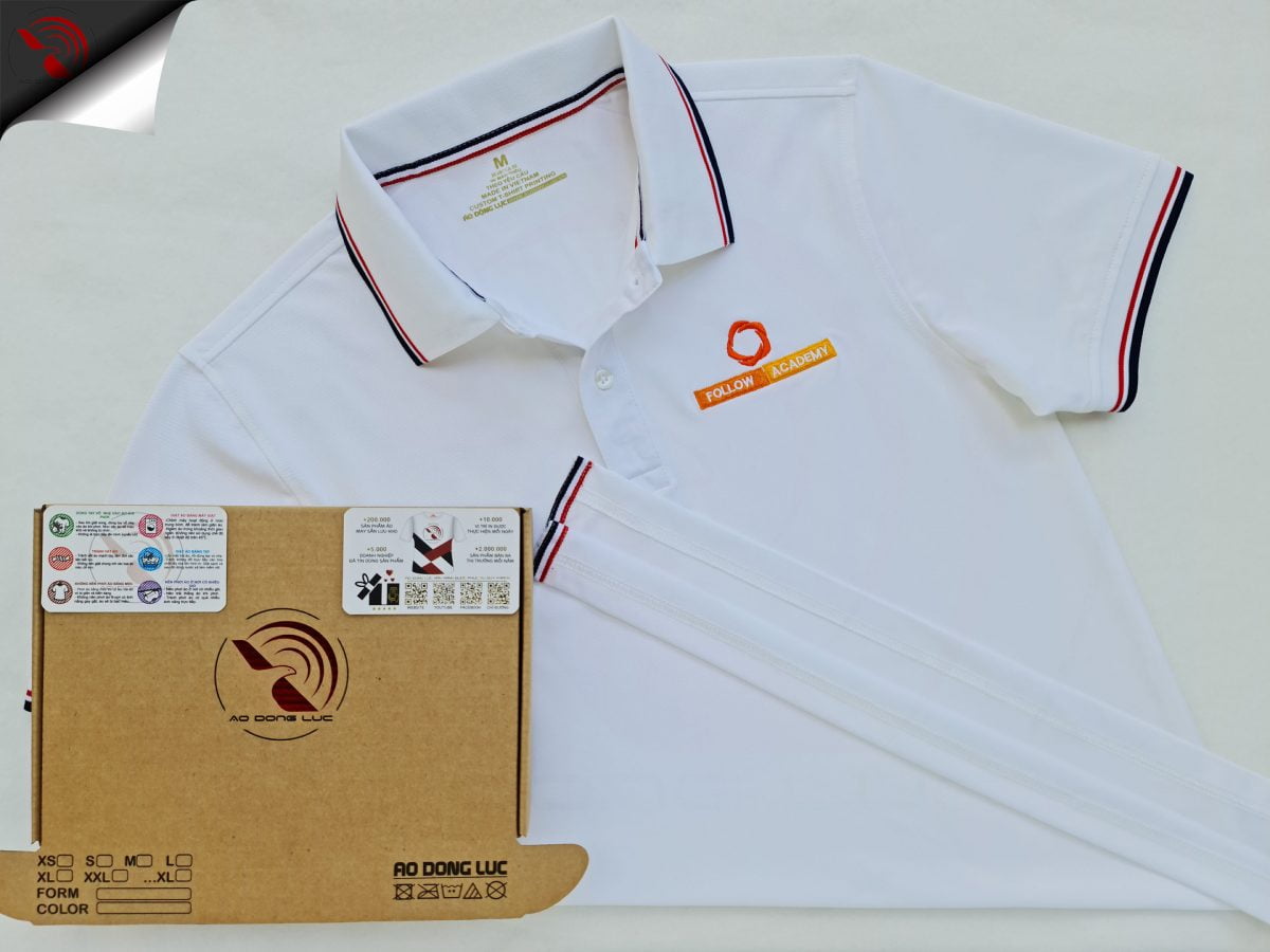 Đồng phục áo thun polo bo sọc màu trắng thêu logo
