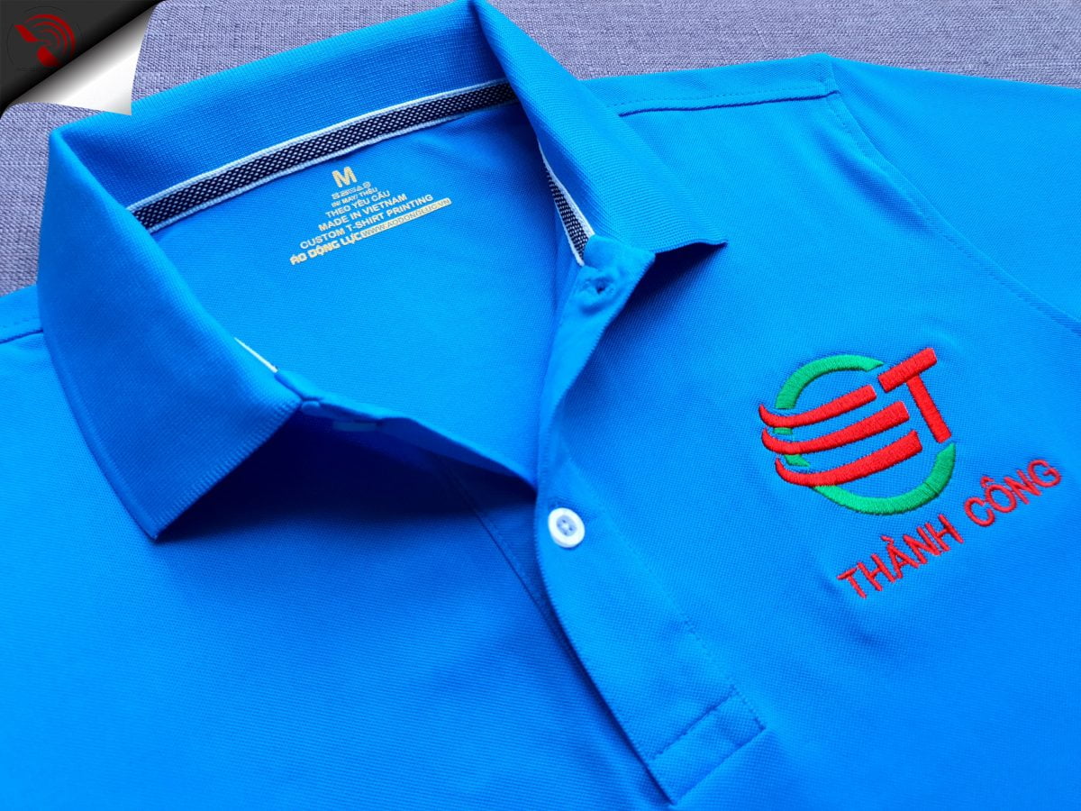 Đồng phục áo thun polo bo trơn màu xanh ya thêu logo