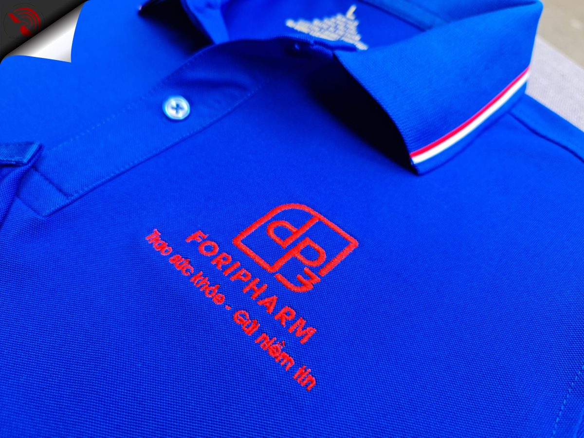 Hình thêu vi tính logo lên áo thun đồng phục polo xanh bích
