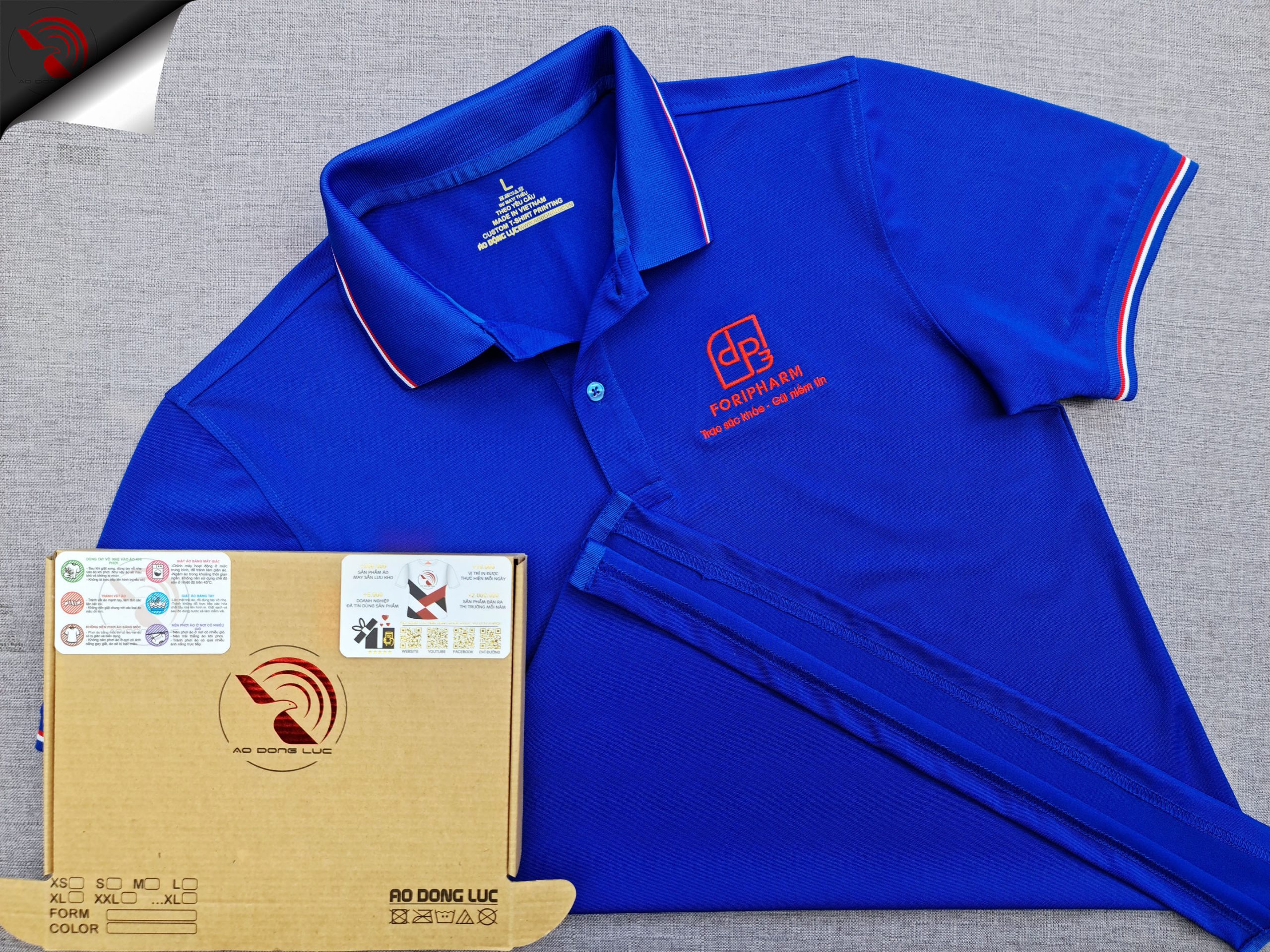 ao-polo-dong-phuc-foripharm-theu-logo-nguc-det-bo-bich-truoc Đồng phục áo thun polo xanh bích dệt bo sọc theo yêu cầu thêu logo ngực