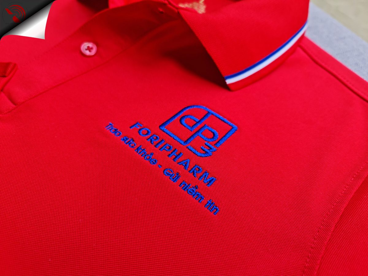 Hình thêu vi tính logo lên áo thun đồng phục polo màu đỏ
