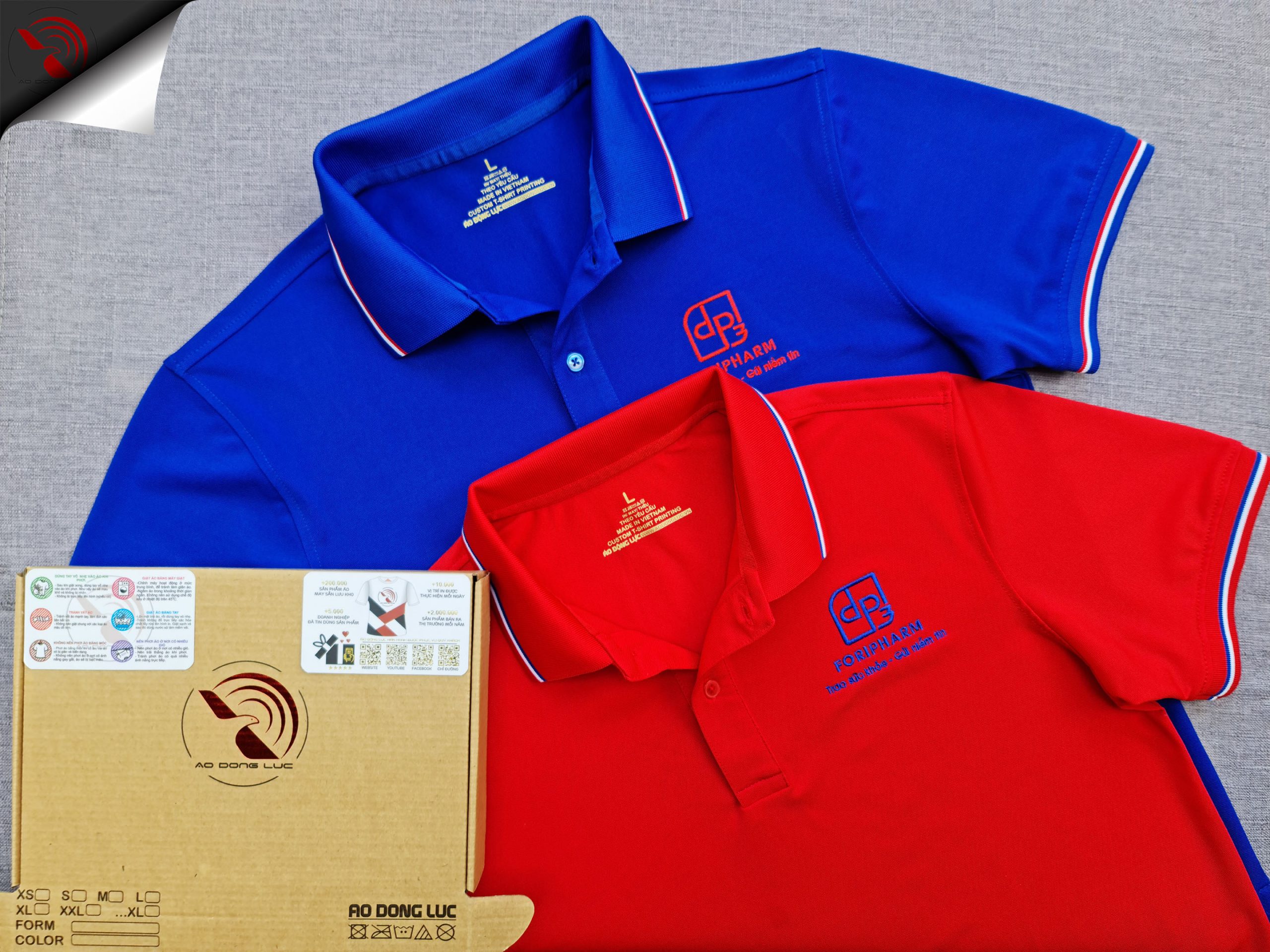 ao-polo-dong-phuc-foripharm-theu-logo-nguc-det-bo-do-xanh-bich Đồng phục áo thun polo dệt bo theo yêu cầu thêu logo ngực