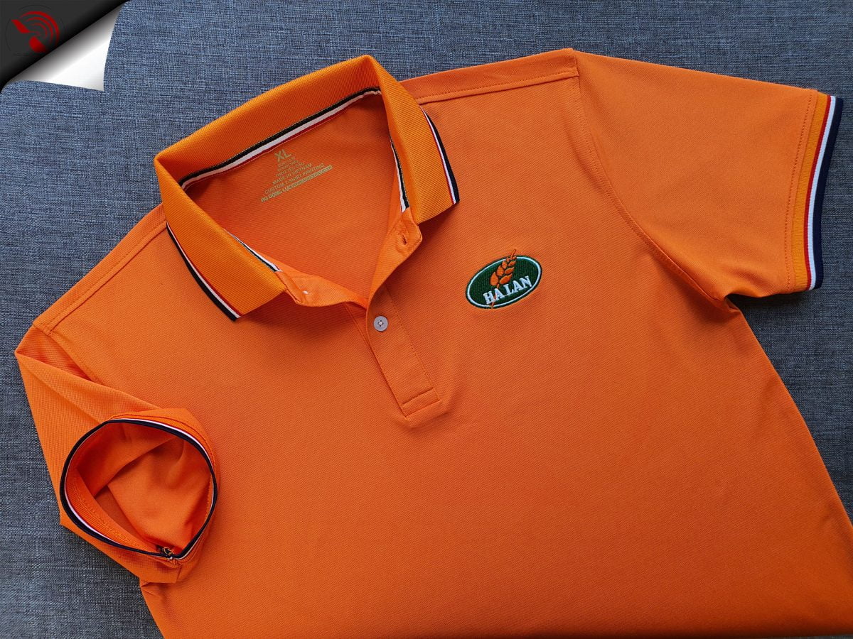 Đồng phục áo thun polo bo sọc màu cam thêu logo