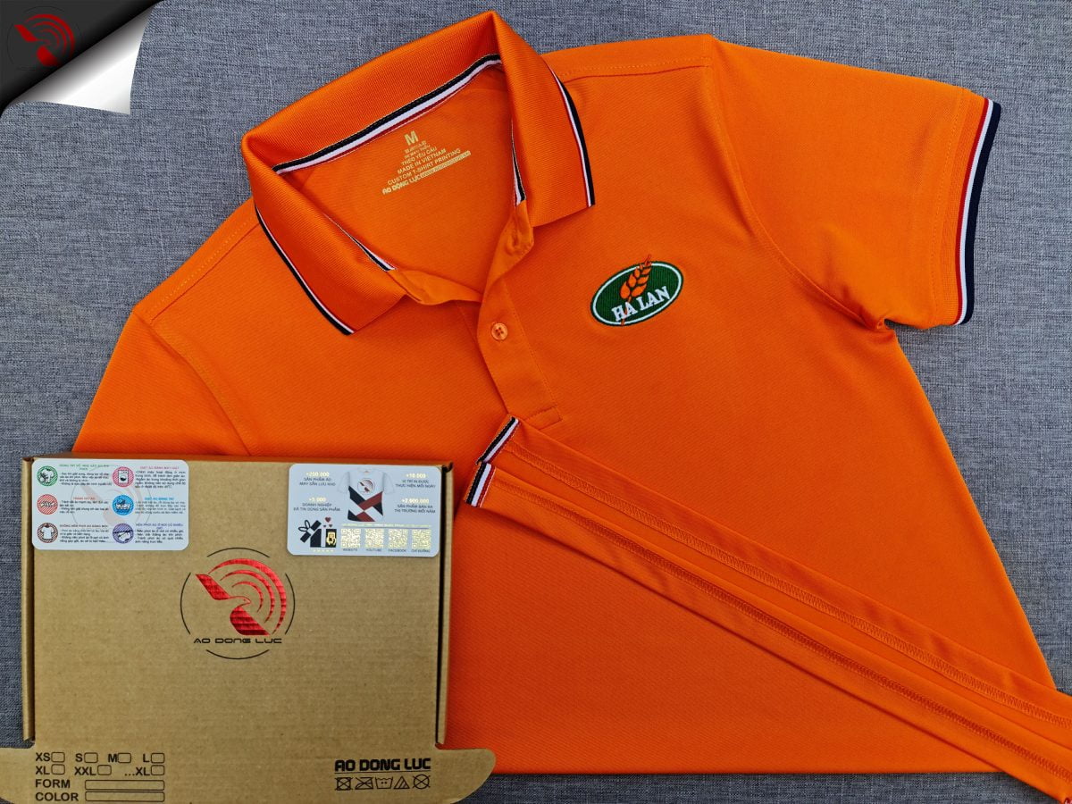 Đồng phục áo thun polo bo sọc màu cam thêu logo