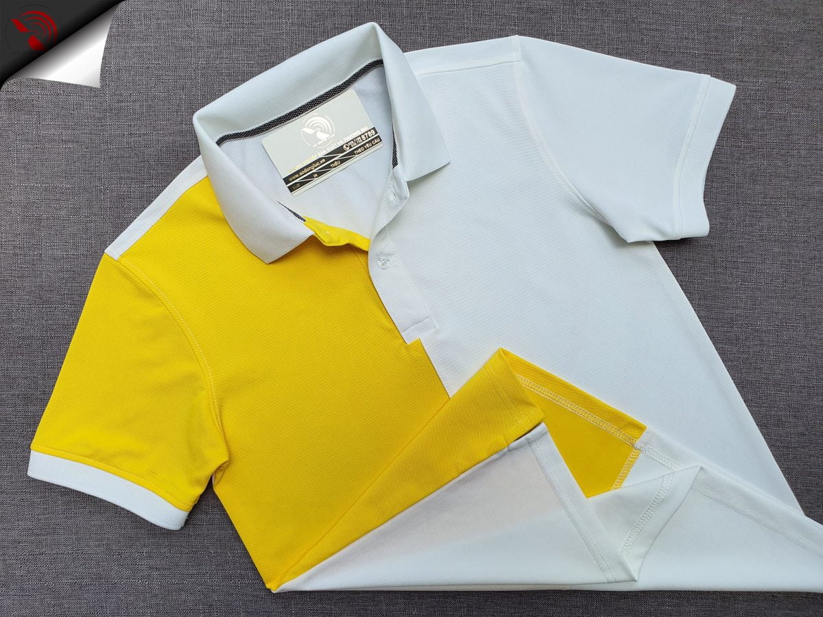 Đồng phục áo thun polo may phối thân vải trắng vàng
