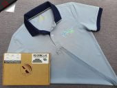 Đồng phục áo thun polo xám lam phối 2 màu cổ in decal logo