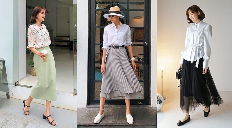 Áo sơ mi thanh lịch khi phối với chân váy dài
