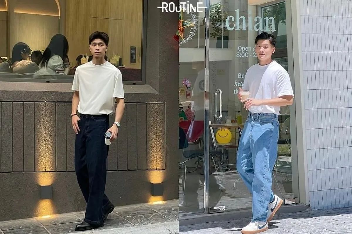 Áo thun trơn basic phối quần jean dáng suông