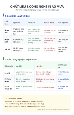 Bảng minh hoạ chất liệu và công nghệ in áo mưa 