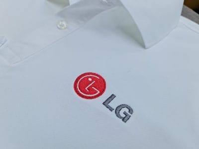 thêu logo vi tính đẹp, bền ngực trái Áo đồng phục công ty LG