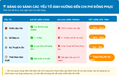 Bảng so sánh các yếu tố ảnh hưởng đến chi phí đặt áo đồng phục